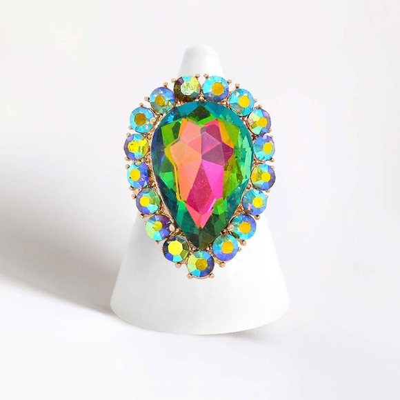 Vitrail Teardrop Stretch Rhinestone Crystal Cocktail Ring Finger Statement Green - Picture 1 of 2